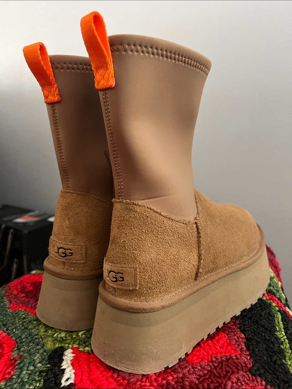 UGG Women's Chestnut Tan Suede Platform Boots with Orange Pull Tabs